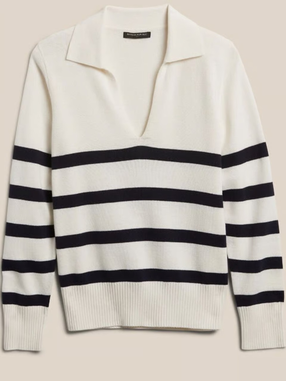 Banana Republic Women's Navy and White Striped V-Neck Sweater Small
